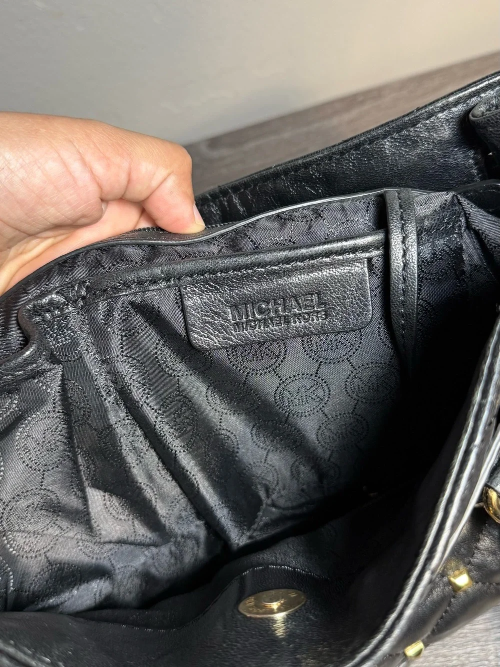 Michael Kors Black Quilted Studded Satchel with Gold Hardware